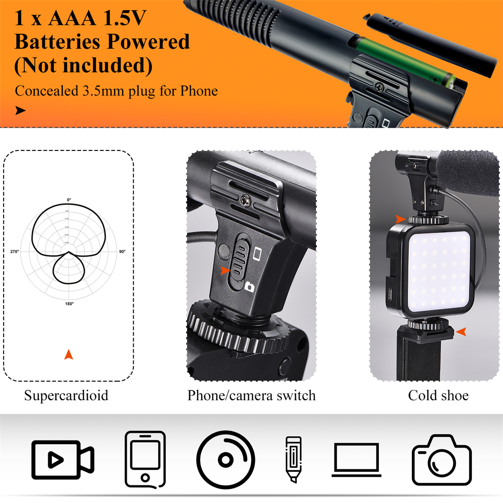 Professional video Microphone kit with Tripod Stand LED Light and microphone
